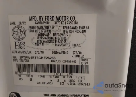 2012 Ford F-150 Fx4 from USA, damaged, VIN 1FTFW1ET3CKE26288